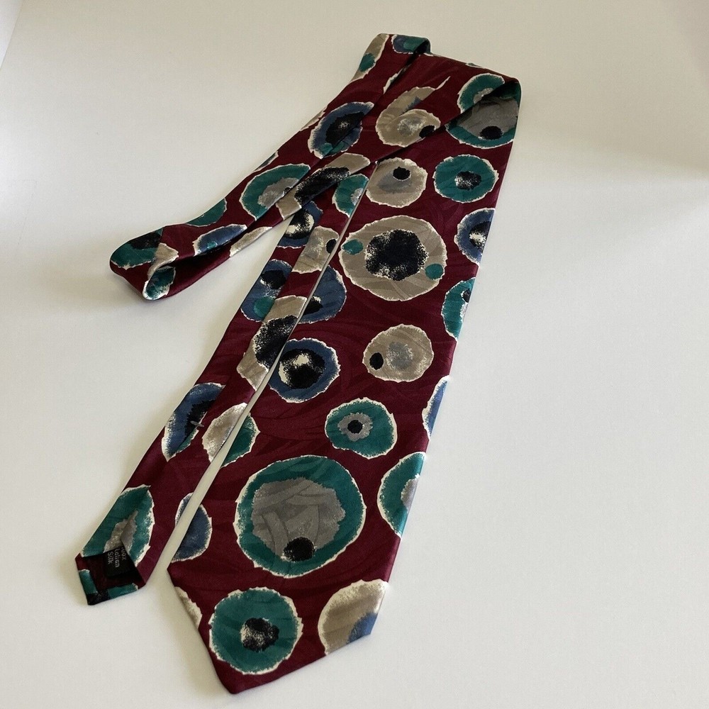 L'Atelier Necktie Mens Burgundy Multi-Color Abstract Polka-Dot Circles 100% Silk